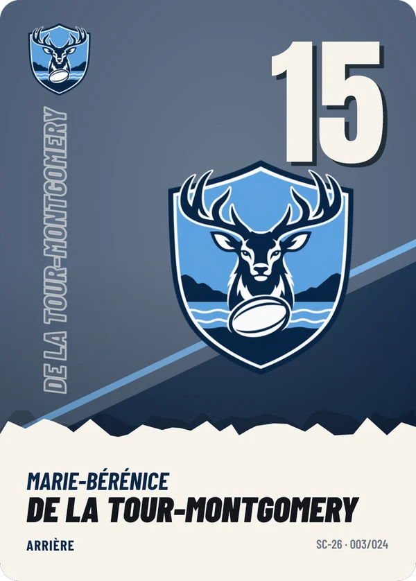 Carte Affiche de Marie-Bérénice de La Tour-Montgomery, sans photo, l’emblème à sa place, Stade Cardelac (exemple fictif)