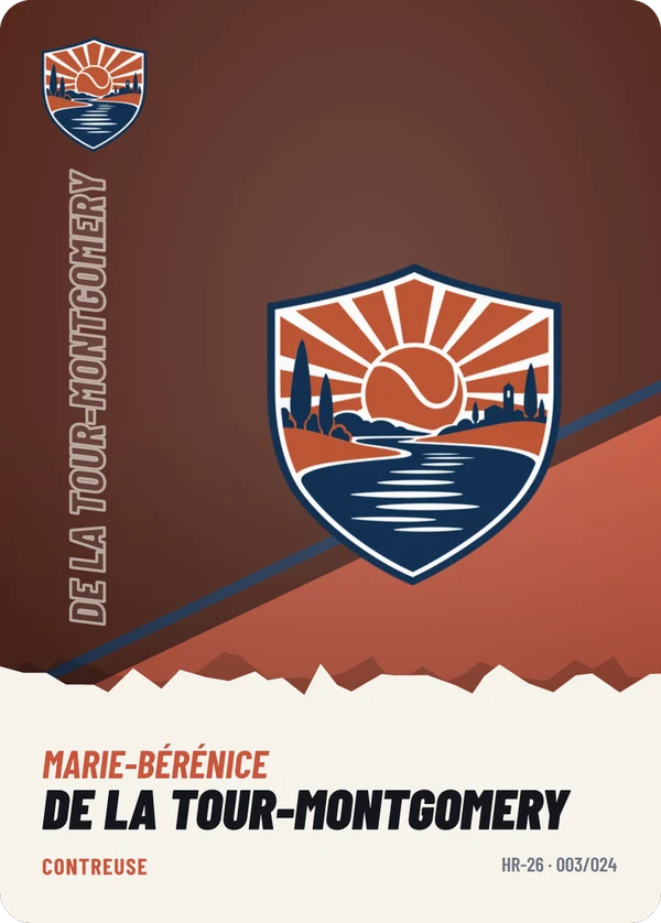 Carte Affiche de Marie-Bérénice de La Tour-Montgomery, sans photo, l’emblème à sa place, TC Haute-Rive (exemple fictif)