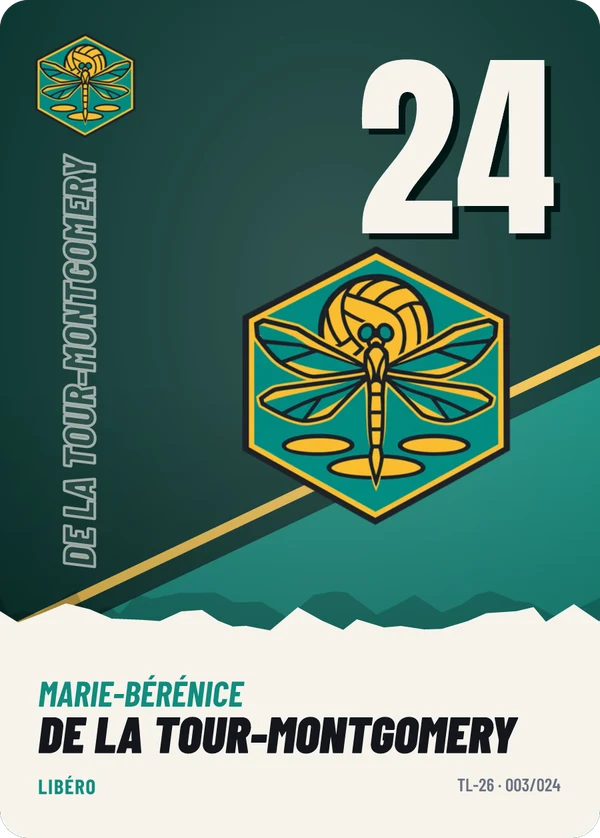 Carte Affiche de Marie-Bérénice de La Tour-Montgomery, sans photo, l’emblème à sa place, Volley Club des Trois-Lacs (exemple fictif)