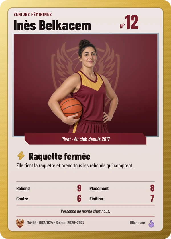 Carte Carte de jeu de Inès Belkacem, photo détourée, Mont-Ardent Basket (exemple fictif)