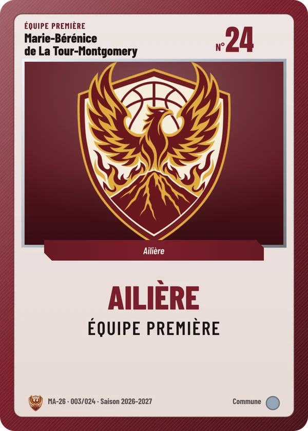 Carte Carte de jeu de Marie-Bérénice de La Tour-Montgomery, sans photo, l’emblème à sa place, Mont-Ardent Basket (exemple fictif)