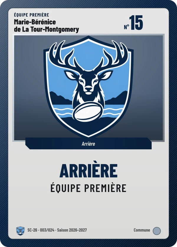 Carte Carte de jeu de Marie-Bérénice de La Tour-Montgomery, sans photo, l’emblème à sa place, Stade Cardelac (exemple fictif)