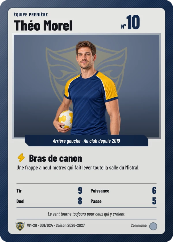 Carte Carte de jeu de Théo Morel, photo détourée, HBC Val-Mistral (exemple fictif)