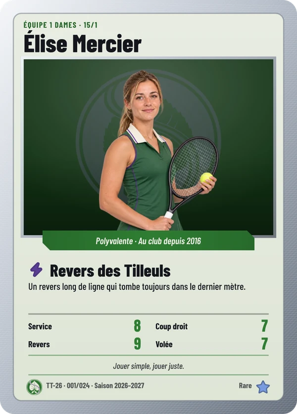 Carte Carte de jeu de Élise Mercier, photo détourée, Tennis Club des Tilleuls (exemple fictif)