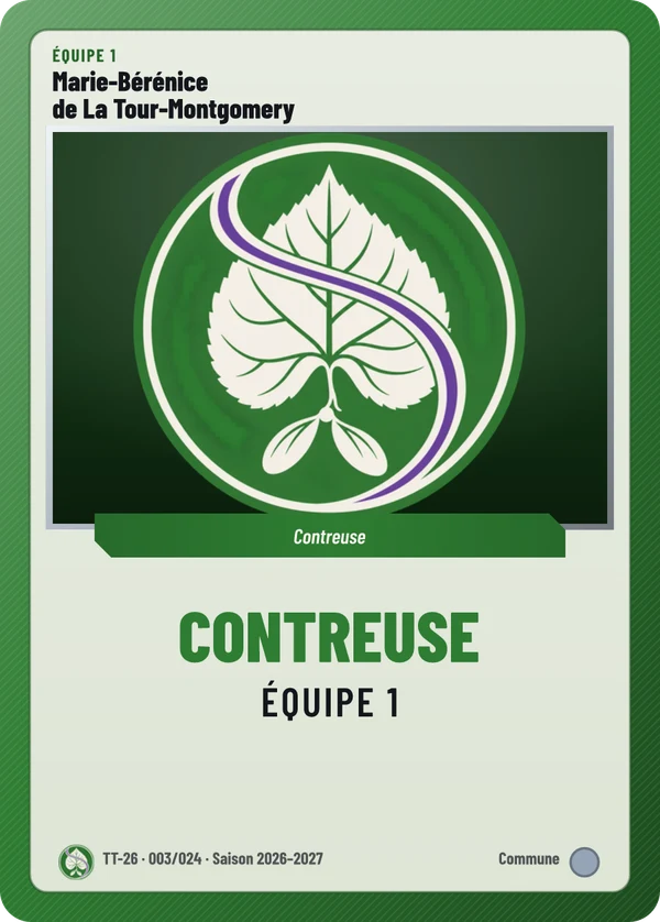 Carte Carte de jeu de Marie-Bérénice de La Tour-Montgomery, sans photo, l’emblème à sa place, Tennis Club des Tilleuls (exemple fictif)