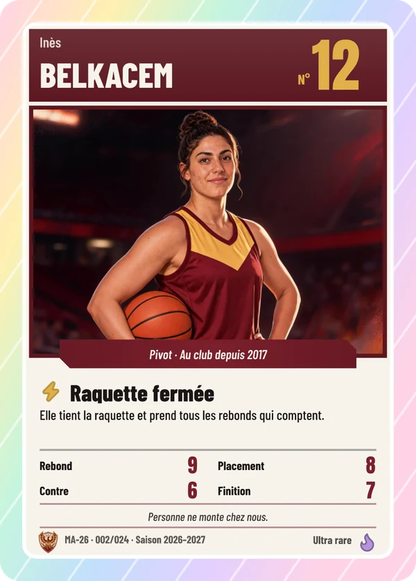 Carte Classique de Inès Belkacem, illustration d'après la photo, Mont-Ardent Basket (exemple fictif)