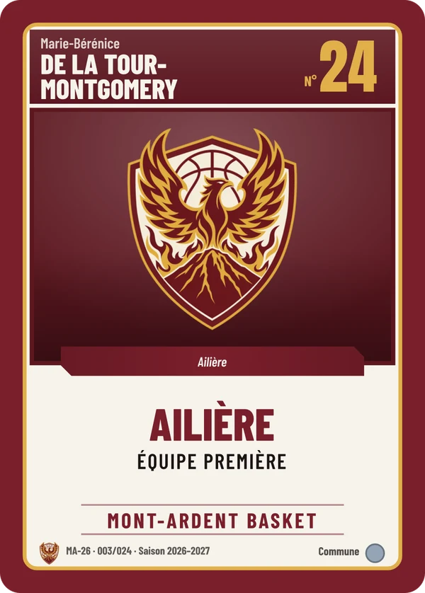 Carte Classique de Marie-Bérénice de La Tour-Montgomery, sans photo, l’emblème à sa place, Mont-Ardent Basket (exemple fictif)