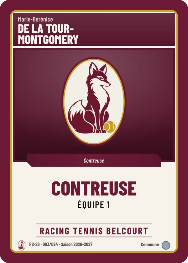 Carte Classique de Marie-Bérénice de La Tour-Montgomery, sans photo, l’emblème à sa place, Racing Tennis Belcourt (exemple fictif)