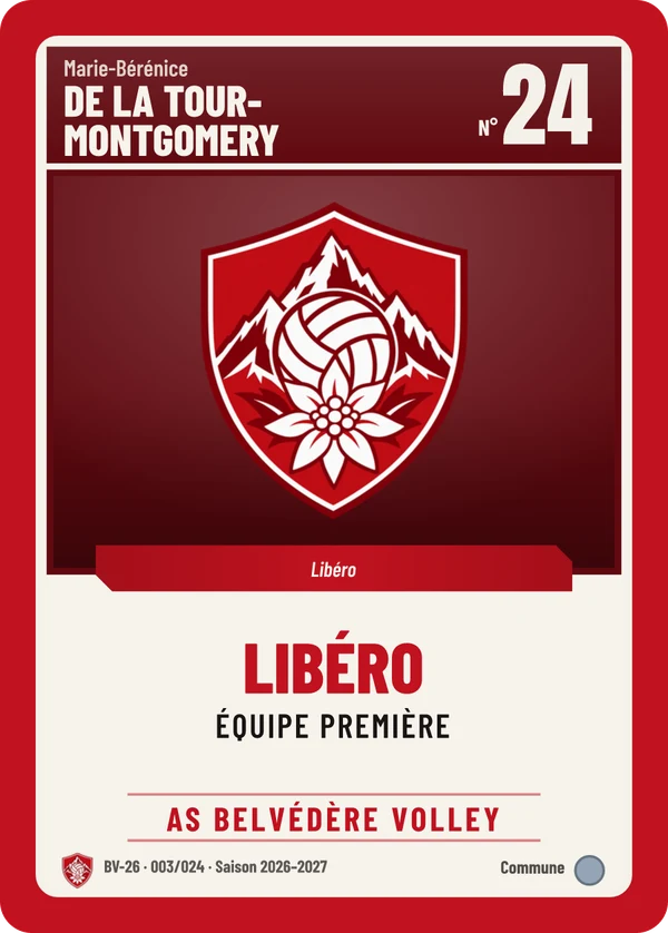 Carte Classique de Marie-Bérénice de La Tour-Montgomery, sans photo, l’emblème à sa place, AS Belvédère Volley (exemple fictif)