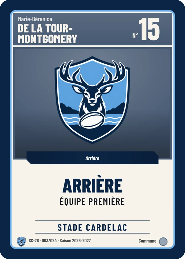 Carte Classique de Marie-Bérénice de La Tour-Montgomery, sans photo, l’emblème à sa place, Stade Cardelac (exemple fictif)