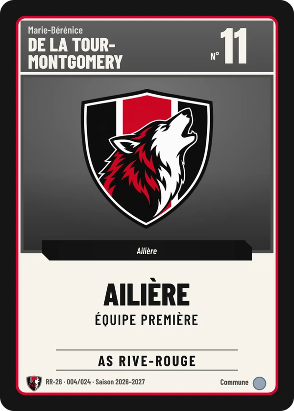 Carte Classique de Marie-Bérénice de La Tour-Montgomery, sans photo, l’emblème à sa place, AS Rive-Rouge (exemple fictif)
