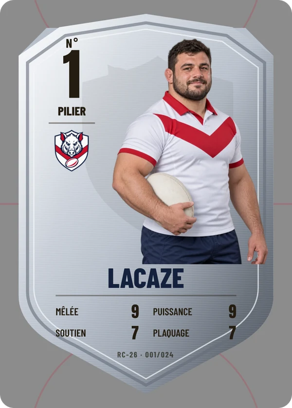 Carte Écu de métal de Jordan Lacaze, photo détourée, RC Castelbrac (exemple fictif)