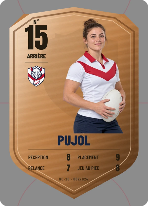 Carte Écu de métal de Anaïs Pujol, photo détourée, RC Castelbrac (exemple fictif)