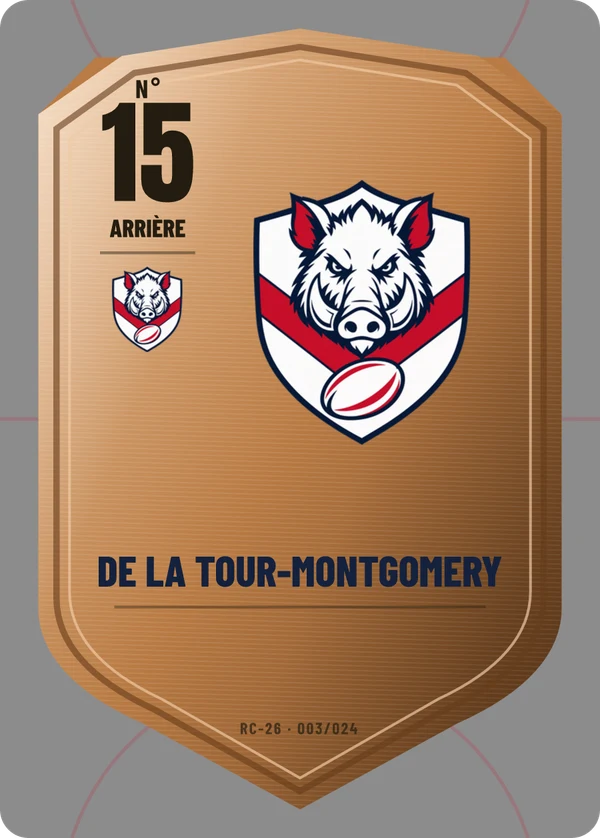 Carte Écu de métal de Marie-Bérénice de La Tour-Montgomery, sans photo, l’emblème à sa place, RC Castelbrac (exemple fictif)