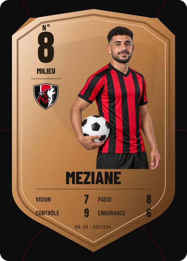 Carte Écu de métal de Yanis Meziane, photo détourée, AS Rive-Rouge (exemple fictif)