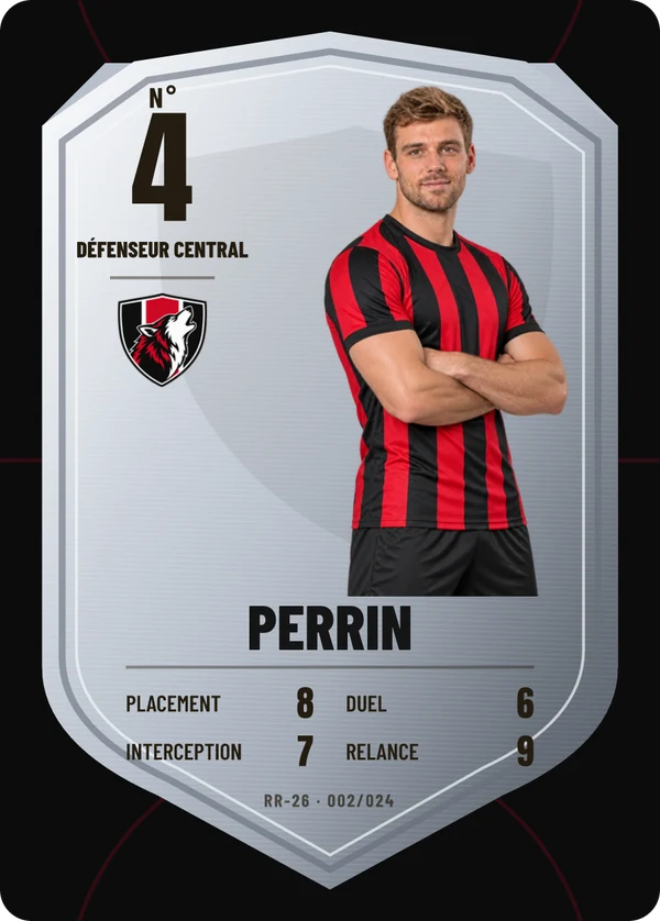Carte Écu de métal de Nicolas Perrin, photo détourée, AS Rive-Rouge (exemple fictif)