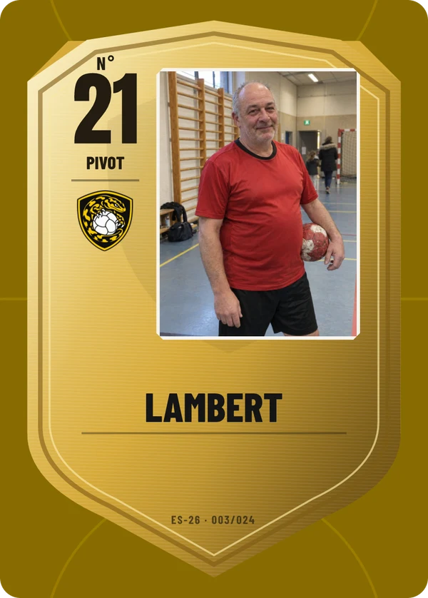 Carte Écu de métal de Gérard Lambert, photo de téléphone, non détourée, Entente Handball Saulnières (exemple fictif)