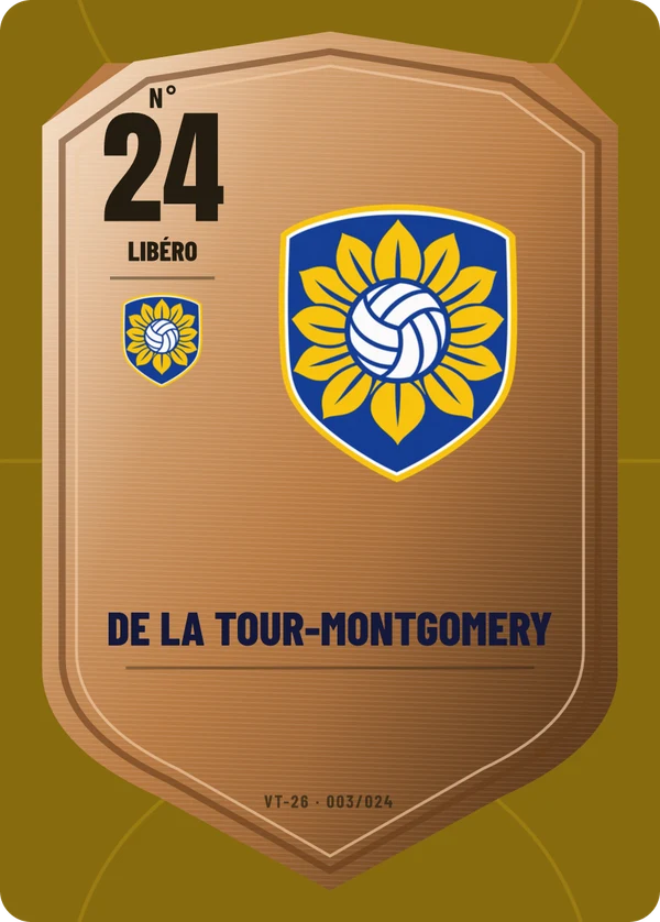 Carte Écu de métal de Marie-Bérénice de La Tour-Montgomery, sans photo, l’emblème à sa place, Volley Club des Tournesols (exemple fictif)