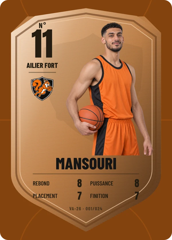 Carte Écu de métal de Bilal Mansouri, photo détourée, Varenne Basket Club (exemple fictif)