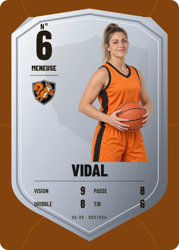 Carte Écu de métal de Laura Vidal, photo détourée, Varenne Basket Club (exemple fictif)
