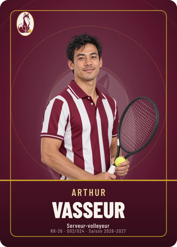 Carte Écusson de Arthur Vasseur, photo détourée, Racing Tennis Belcourt (exemple fictif)