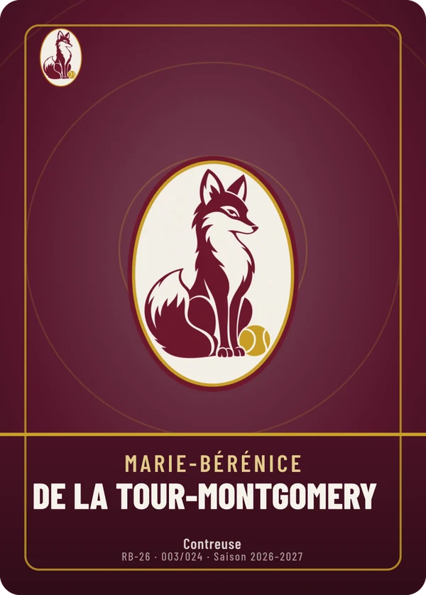 Carte Écusson de Marie-Bérénice de La Tour-Montgomery, sans photo, l’emblème à sa place, Racing Tennis Belcourt (exemple fictif)
