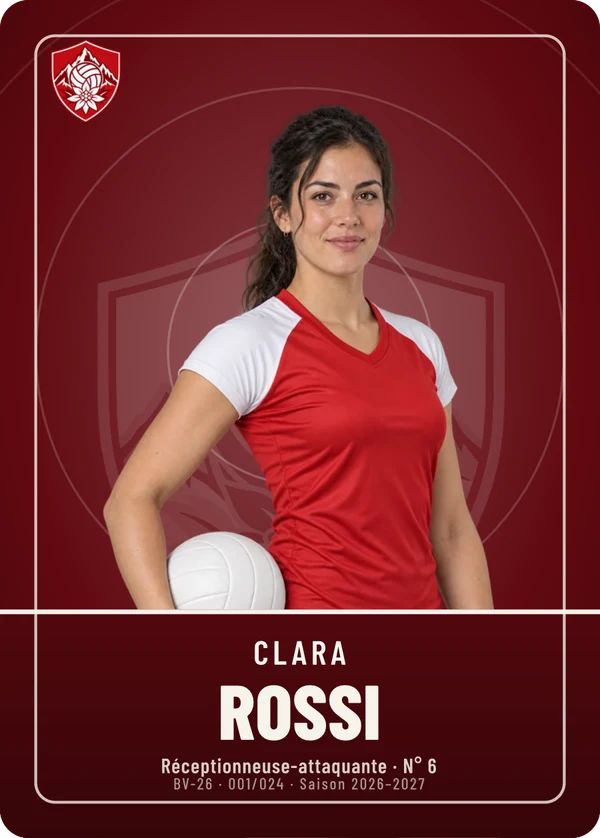 Carte Écusson de Clara Rossi, photo détourée, AS Belvédère Volley (exemple fictif)