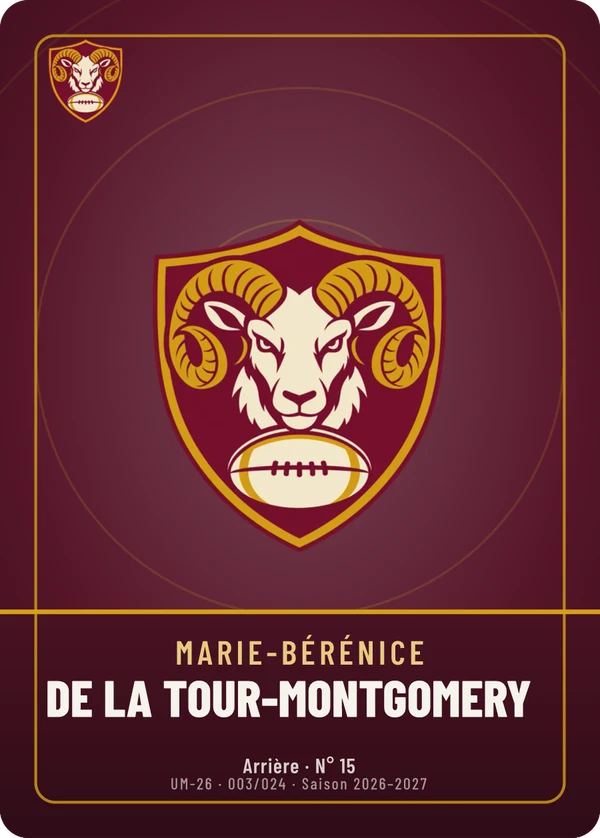 Carte Écusson de Marie-Bérénice de La Tour-Montgomery, sans photo, l’emblème à sa place, US Montaurel (exemple fictif)