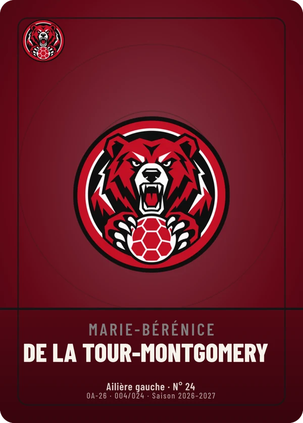 Carte Écusson de Marie-Bérénice de La Tour-Montgomery, sans photo, l’emblème à sa place, Les Ours d'Arvennes (exemple fictif)