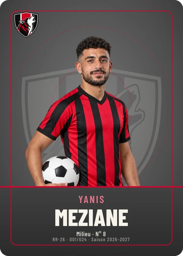 Carte Écusson de Yanis Meziane, photo détourée, AS Rive-Rouge (exemple fictif)