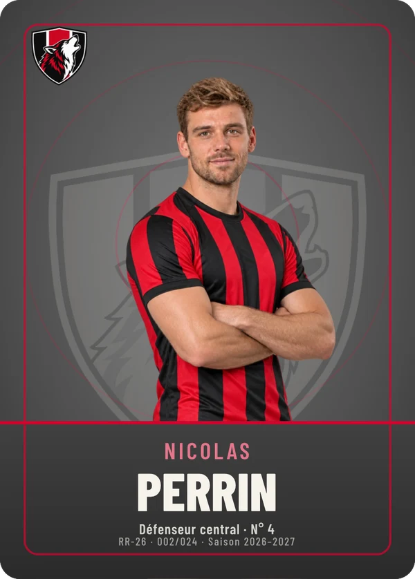 Carte Écusson de Nicolas Perrin, photo détourée, AS Rive-Rouge (exemple fictif)