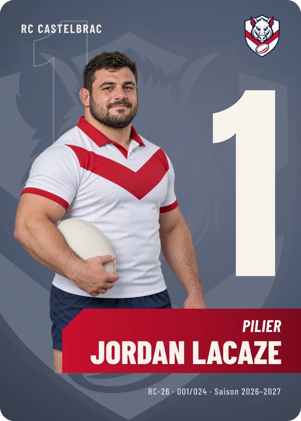 Carte Effectif de Jordan Lacaze, photo détourée, RC Castelbrac (exemple fictif)