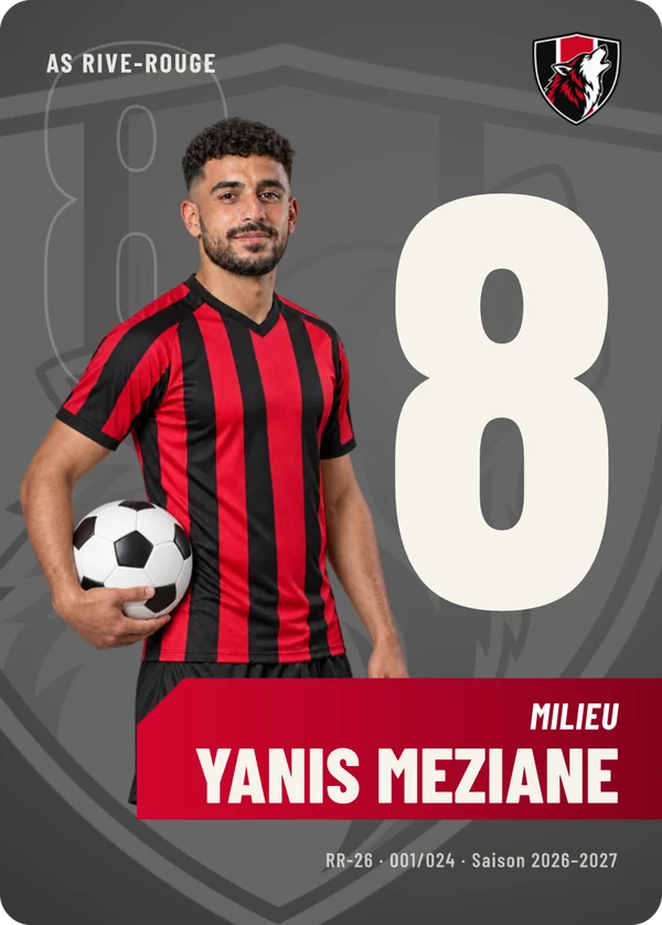 Carte Effectif de Yanis Meziane, photo détourée, AS Rive-Rouge (exemple fictif)
