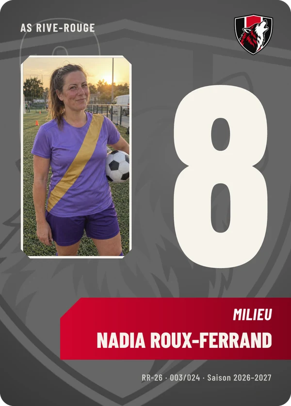 Carte Effectif de Nadia Roux-Ferrand, photo de téléphone, non détourée, AS Rive-Rouge (exemple fictif)