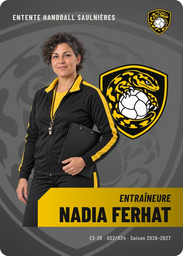Carte Effectif de Nadia Ferhat, photo détourée, Entente Handball Saulnières (exemple fictif)