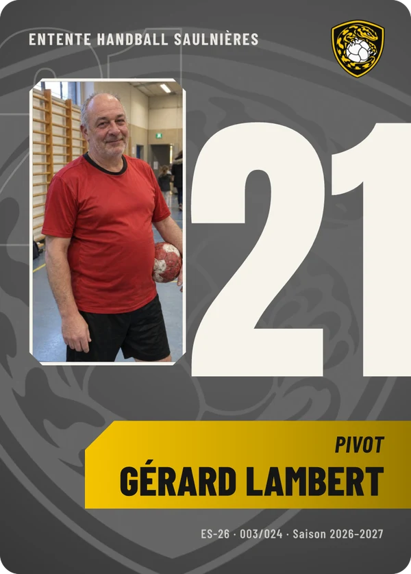 Carte Effectif de Gérard Lambert, photo de téléphone, non détourée, Entente Handball Saulnières (exemple fictif)