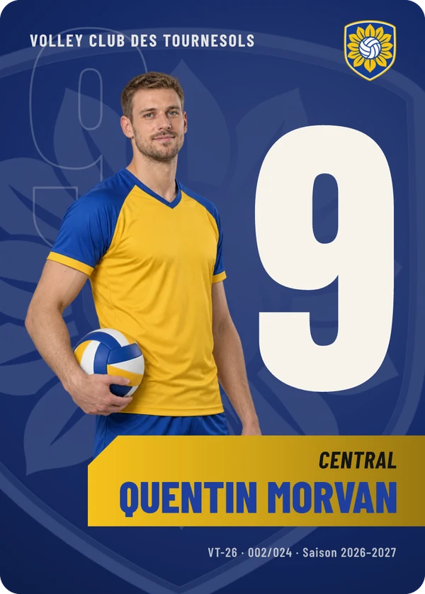 Carte Effectif de Quentin Morvan, photo détourée, Volley Club des Tournesols (exemple fictif)