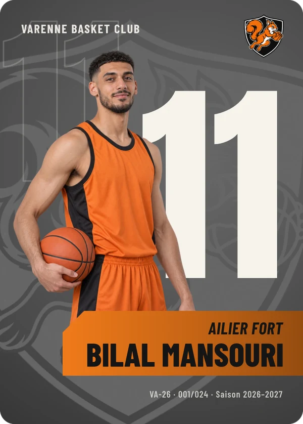 Carte Effectif de Bilal Mansouri, photo détourée, Varenne Basket Club (exemple fictif)