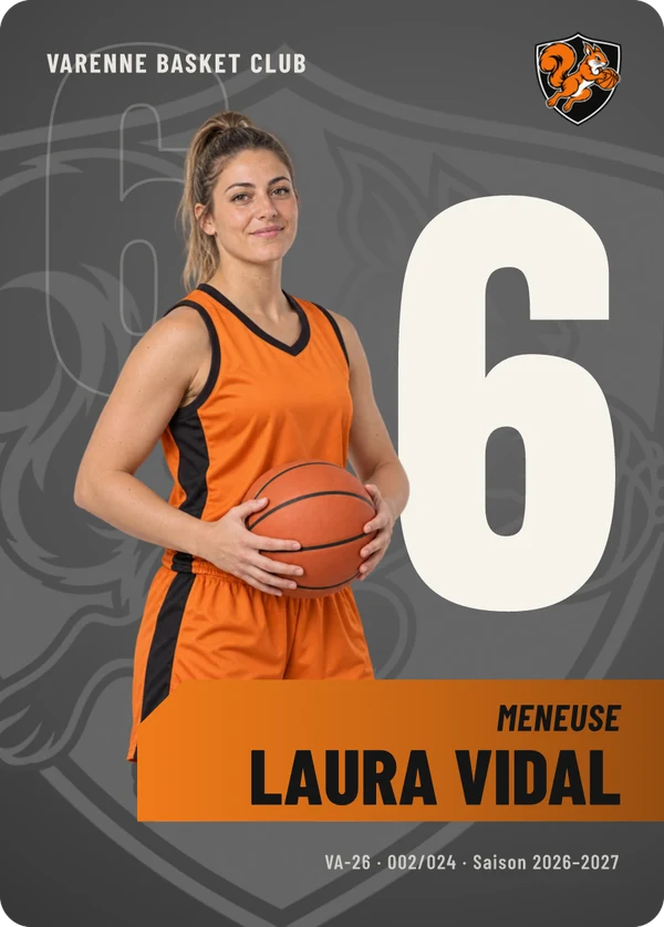 Carte Effectif de Laura Vidal, photo détourée, Varenne Basket Club (exemple fictif)