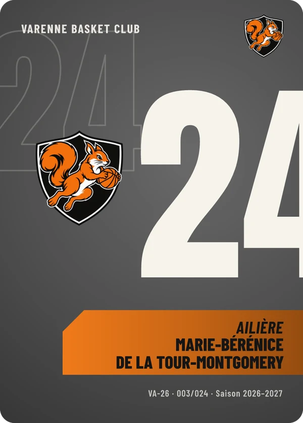 Carte Effectif de Marie-Bérénice de La Tour-Montgomery, sans photo, l’emblème à sa place, Varenne Basket Club (exemple fictif)