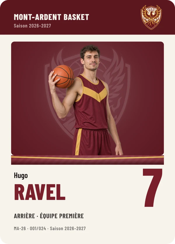 Carte Équipe de Hugo Ravel, photo détourée, Mont-Ardent Basket (exemple fictif)
