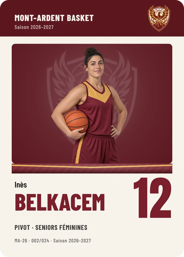 Carte Équipe de Inès Belkacem, photo détourée, Mont-Ardent Basket (exemple fictif)