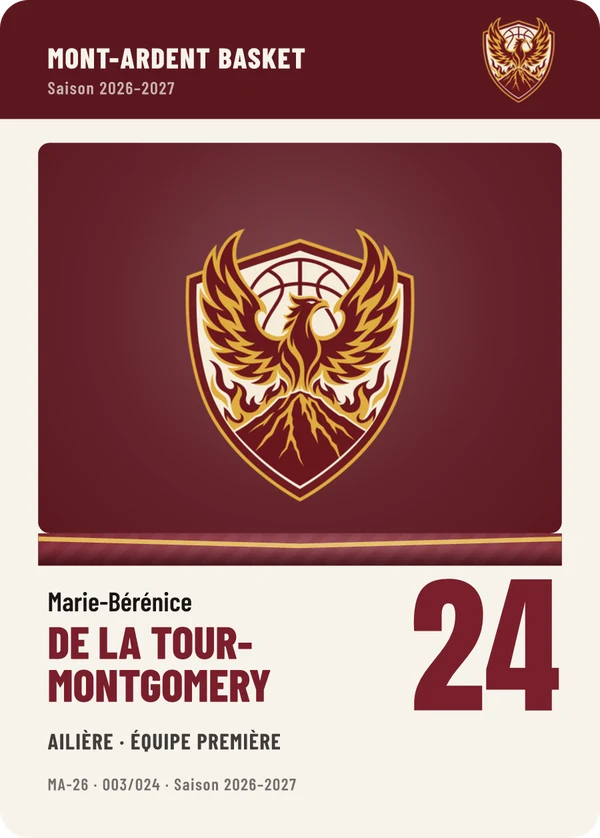Carte Équipe de Marie-Bérénice de La Tour-Montgomery, sans photo, l’emblème à sa place, Mont-Ardent Basket (exemple fictif)