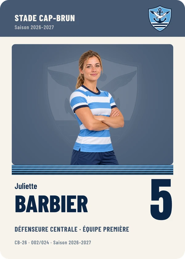 Carte Équipe de Juliette Barbier, photo détourée, Stade Cap-Brun (exemple fictif)