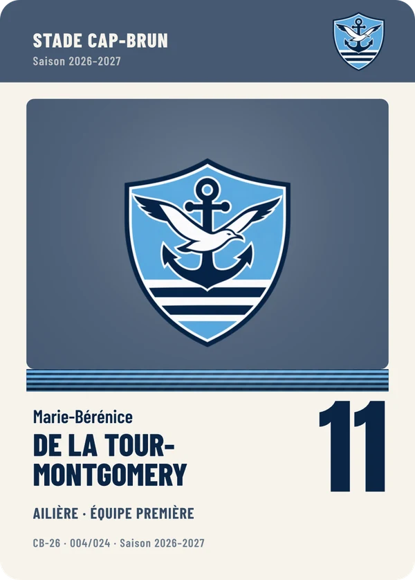 Carte Équipe de Marie-Bérénice de La Tour-Montgomery, sans photo, l’emblème à sa place, Stade Cap-Brun (exemple fictif)