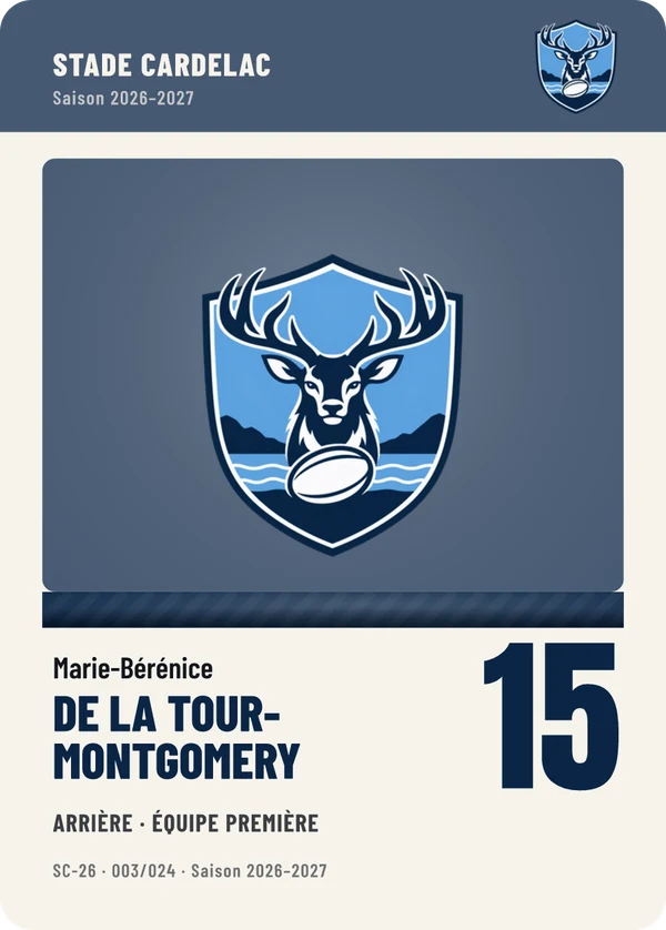Carte Équipe de Marie-Bérénice de La Tour-Montgomery, sans photo, l’emblème à sa place, Stade Cardelac (exemple fictif)