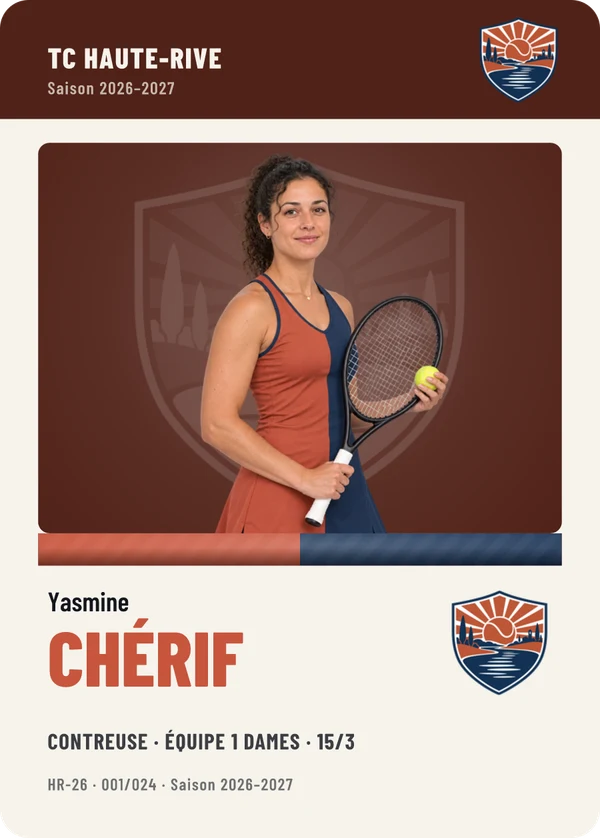 Carte Équipe de Yasmine Chérif, photo détourée, TC Haute-Rive (exemple fictif)