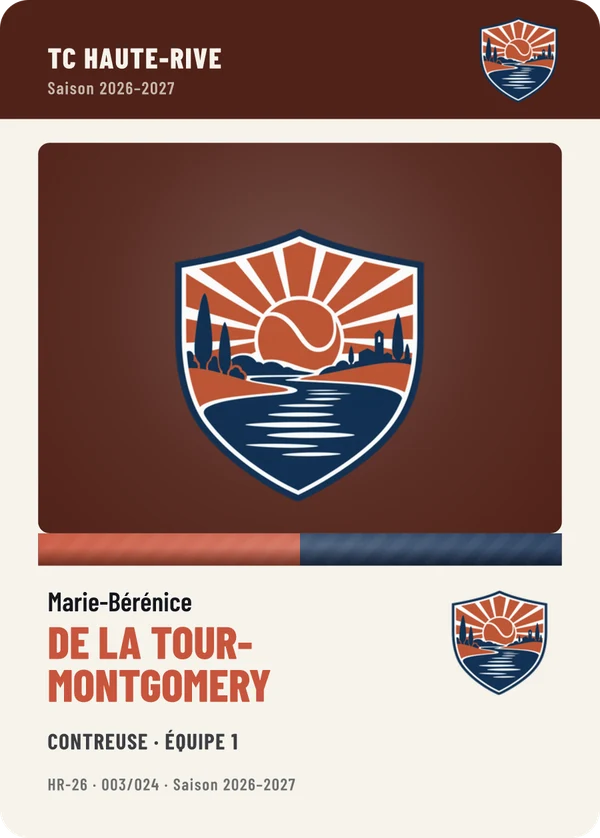 Carte Équipe de Marie-Bérénice de La Tour-Montgomery, sans photo, l’emblème à sa place, TC Haute-Rive (exemple fictif)