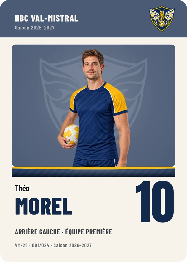 Carte Équipe de Théo Morel, photo détourée, HBC Val-Mistral (exemple fictif)