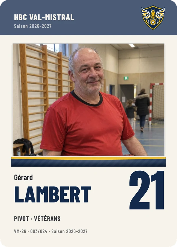 Carte Équipe de Gérard Lambert, photo de téléphone, non détourée, HBC Val-Mistral (exemple fictif)